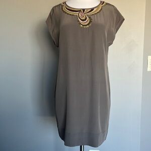 Trina Turk Silk Sheath Sleeveless Gray Leather Neck Embellishment Tunic Dress